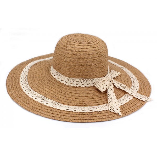 Wide Brim Hat -Straw Hat- Paper Straw Hat w/ Lace Band - Natural - HT-ST1151NA